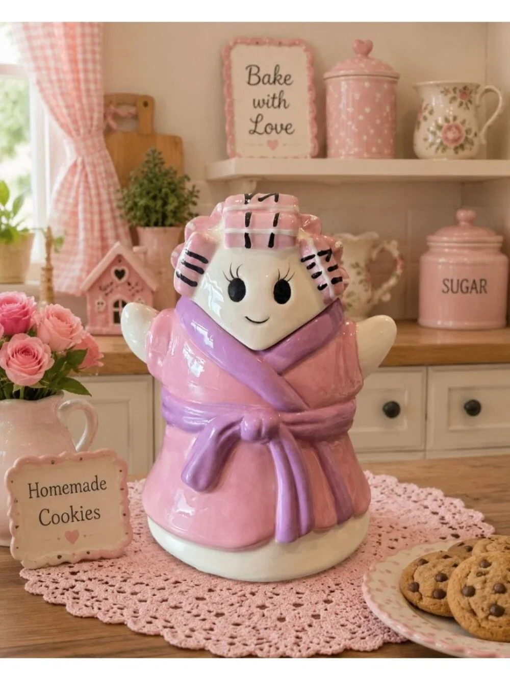 New Halloween Pink Grandma Ghost In Curlers & Bathrobe Cookie Jar Kitchen